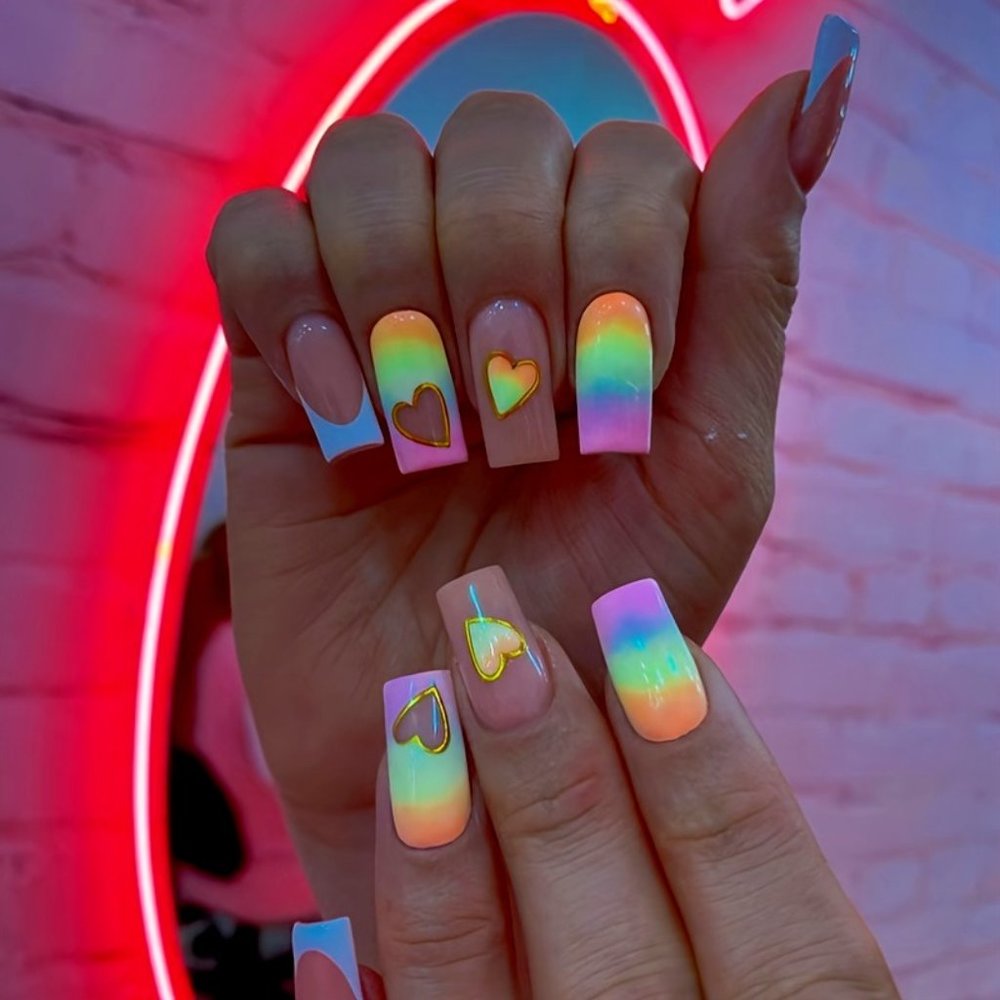 💅🏻NEW | Colorful Heart Medium Square Press On Fake Nails | Luxury Ombré 🦄🌈